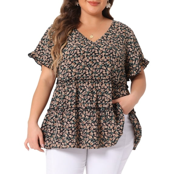 Agnes Orinda Women's Plus Size Top Boho Floral V Neck Ruffle Sleeves Tiered Babydoll Blouses 2X Black Beige