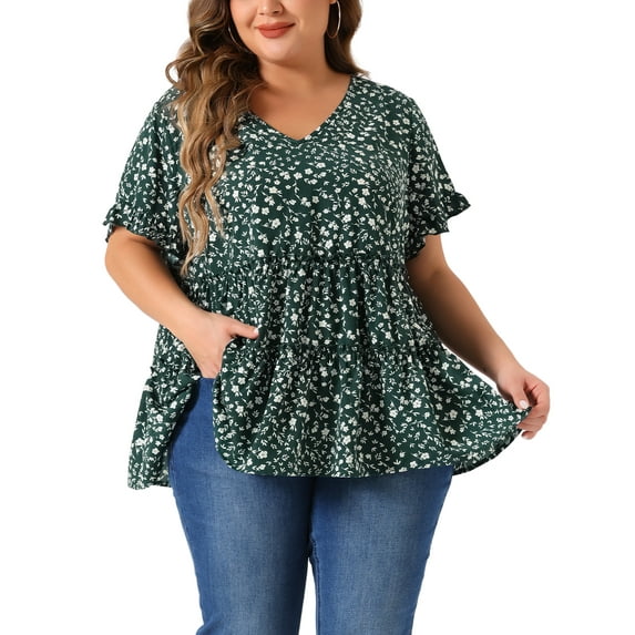 Agnes Orinda Women's Plus Size Top Boho Floral V Neck Ruffle Sleeves Tiered Babydoll Blouses 2X Green