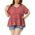 thumbnail image 1 of Agnes Orinda Women's Plus Size Top Boho Floral V Neck Ruffle Sleeves Tiered Babydoll Blouses 2X Red Green, 1 of 6