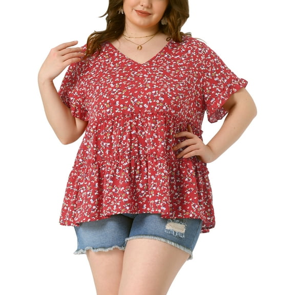 Agnes Orinda Women's Plus Size Top Boho Floral V Neck Ruffle Sleeves Tiered Babydoll Blouses 2X Red Green