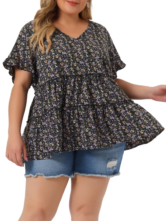 Women's Plus Size Top Boho Floral V Neck Ruffle Sleeves Tiered Babydoll Blouses 3X Black Purple