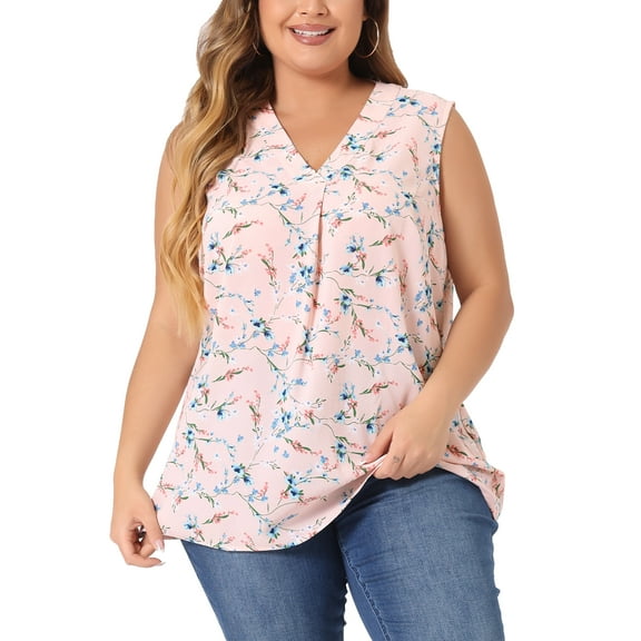 Agnes Orinda Women's Plus Size Floral V Neck Sleeveless Chiffon Tank Top