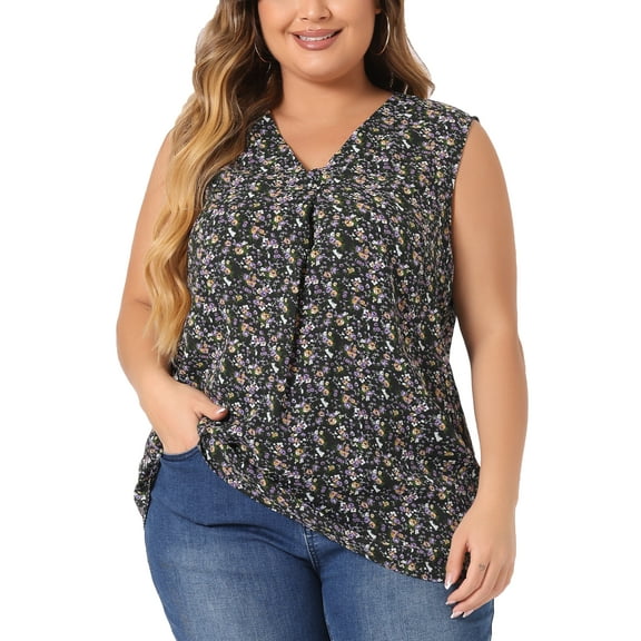 Agnes Orinda Women's Plus Size Floral V Neck Sleeveless Chiffon Tank Top