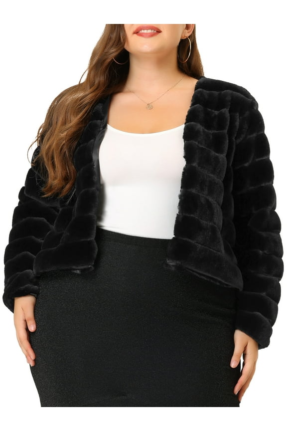 Women's Plus Size Cropped Jacket Open Front Fluffy Faux Fur Winter Coat Jackets 2X Black