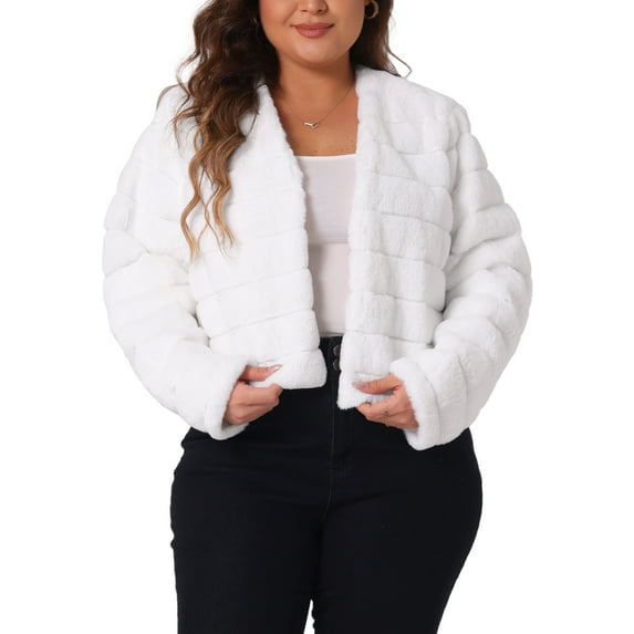Agnes Orinda Women's Plus Size Cropped Jacket Open Front Fluffy Faux Fur Winter Coat Jackets 3X White