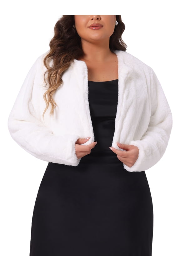 Women's Plus Size Fluffy Jacket Open Front Cropped Faux Fur Winter Jackets Overcoat 4X White