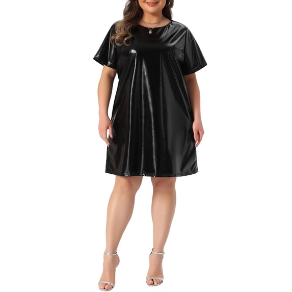 Agnes Orinda Women's Plus Size Formal Dress Metallic Round Neck Short Sleeve Party Clubwear Loose Mini T-Shirt Dresses 2X Black