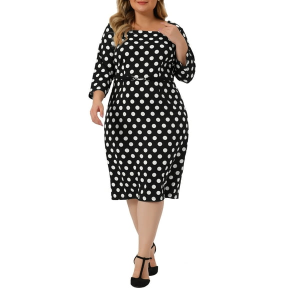 Agnes Orinda Women's Plus Size Formal Polka Dots 3/4 Sleeve Belt Bodycon Midi Wear-to-Work Dress