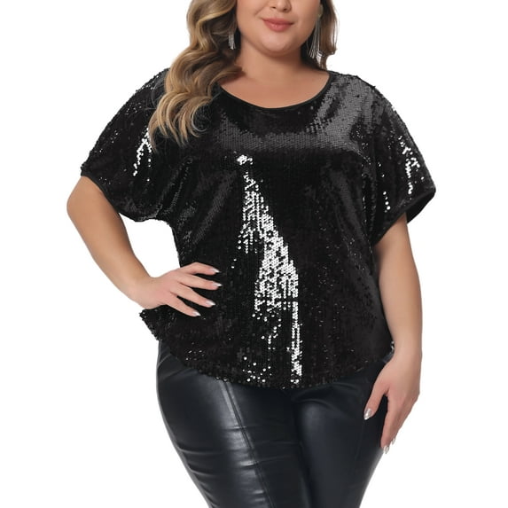 Agnes Orinda Women's Plus Size Full Sequin Tops Glitter Party Shirt Short Sleeve Sparkle Club Blouses 3X Champagne
