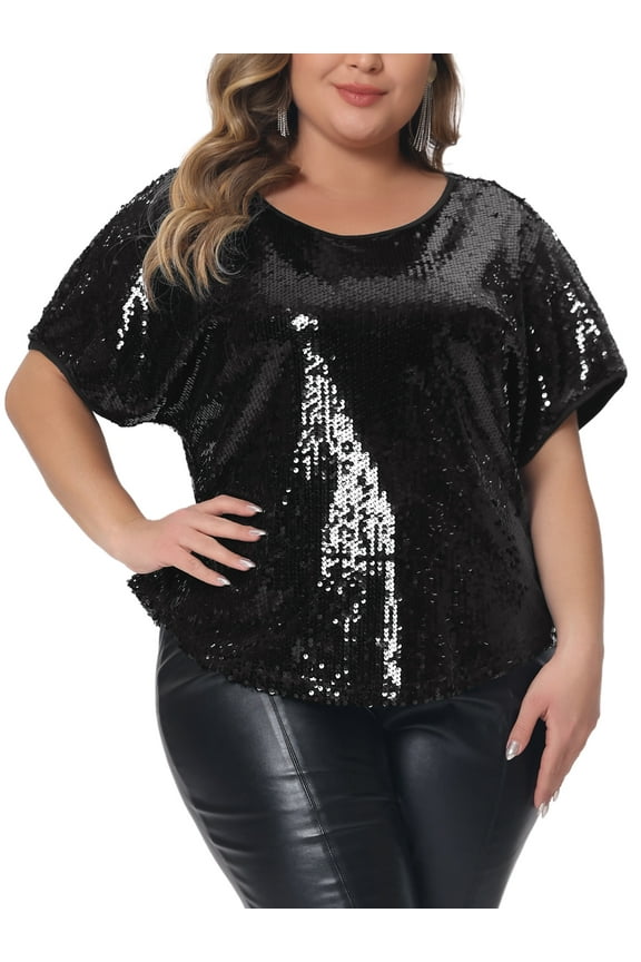 Women's Plus Size Full Sequin Tops Glitter Party Shirt Short Sleeve Sparkle Club Blouses 3X Champagne