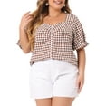 thumbnail image 1 of Agnes Orinda Women's Plus Size Gingham Tops Plaid Sweetheart V Neck Puff Short Sleeve Button Decor Summer 1950s Blouses 2X Brown, 1 of 5