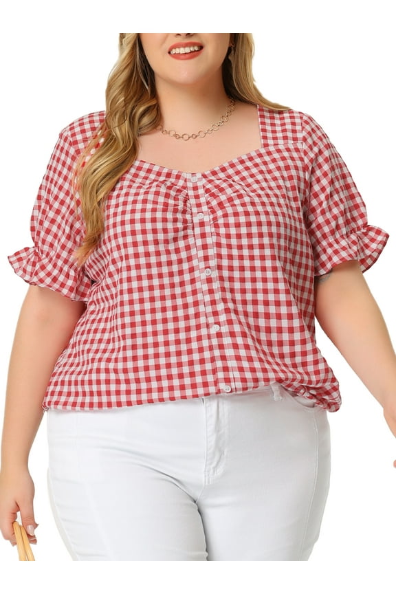 Women's Plus Size Gingham Tops Plaid Sweetheart V Neck Puff Short Sleeve Button Decor Summer 1950s Blouses 2X Red
