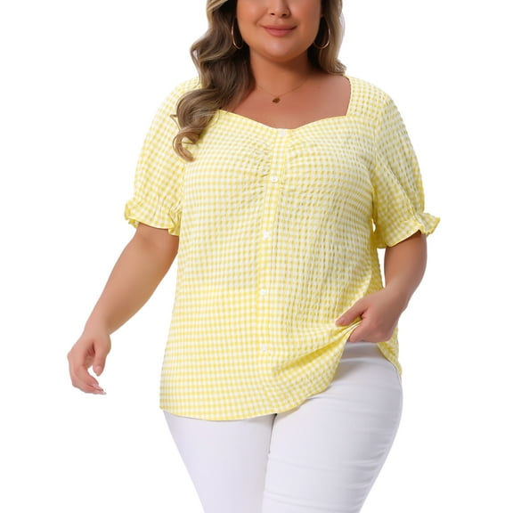 Agnes Orinda Women's Plus Size Gingham Tops Plaid Sweetheart V Neck Puff Short Sleeve Button Decor Summer 1950s Blouses 3X Light Yellow