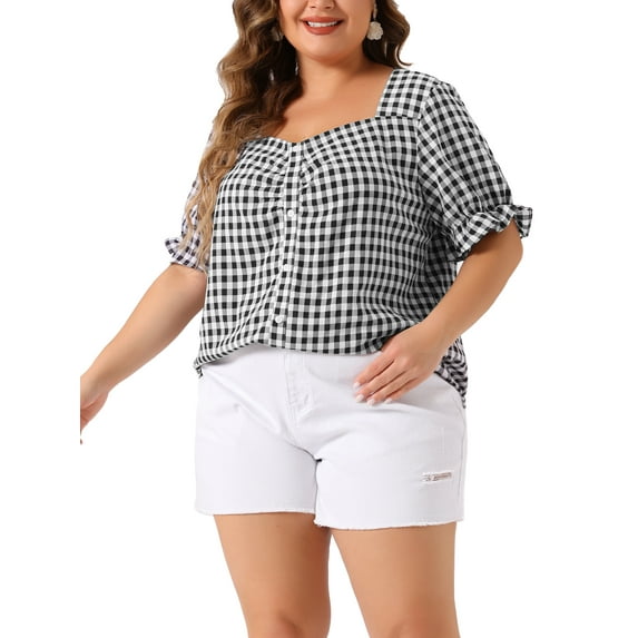 Agnes Orinda Women's Plus Size Gingham Tops Plaid Sweetheart V Neck Puff Short Sleeve Button Decor Summer 1950s Blouses 4X Black White