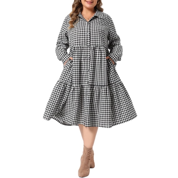 Agnes Orinda Women's Plus Size School College Gingham Dress Tiered Ruffle Layered Collared Long Sleeve Button Dwon Casual Vintage Plaid Midi Dress with Pocket 1X Black