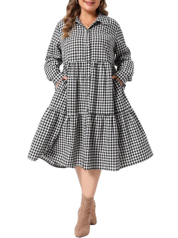 Women's Plus Size Gingham Dress Tiered Ruffle Layered Collared Long Sleeve Button Dwon Casual Vintage Plaid Midi Dress with Pocket 2X Black