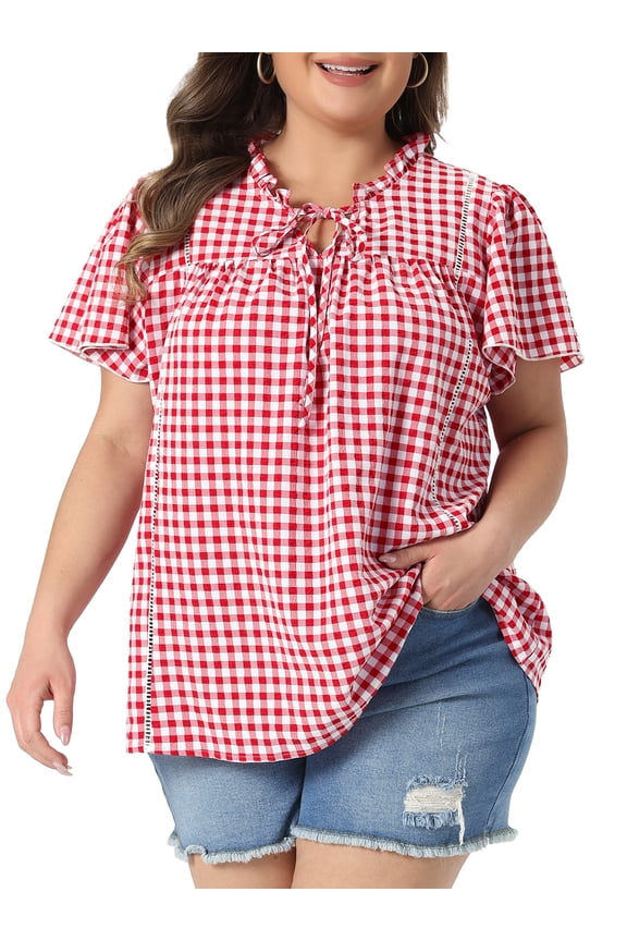 Women's Plus Size Gingham Top Tie Front Ruffle V Neck Short Sleeve Plaid Blouse Dressy Casual Summer Shirt 4X Red