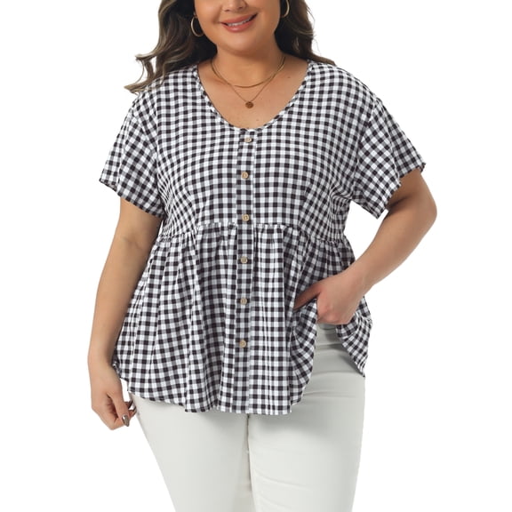 Agnes Orinda Women's Plus Size Gingham Tops Plaid Peplum Button Decor V Neck Short Sleeve Casual Babydoll Blouse 1X Black