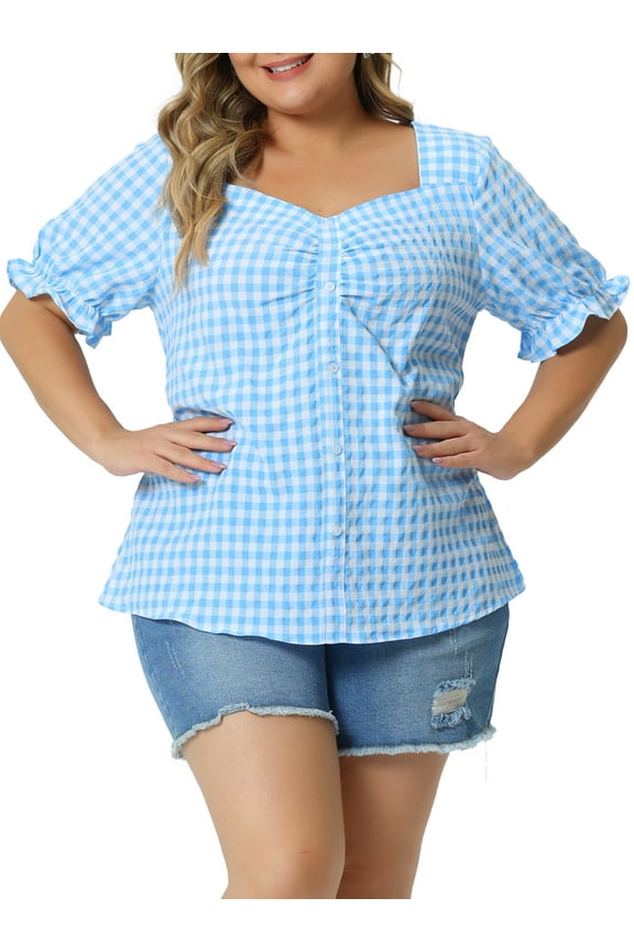 Women's Plus Size Gingham Tops Plaid Sweetheart V Neck Puff Short Sleeve Button Decor Summer 1950s Blouses 5X Blue