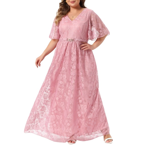 Agnes Orinda Women's Plus Size Guest Dress Ruffled Short Sleeves Mesh Embellishment Evening Gowns Formal Party Maxi Dresses with Belt 4X Light Pink