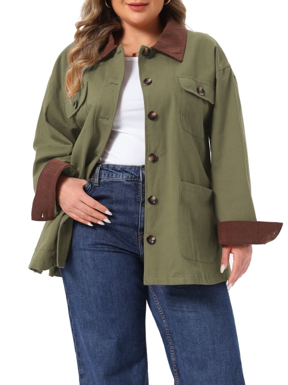 Women's Plus Size Halloween Outfits Barn Jacket Utility Shacket Corduroy Collar Cuffs Long Sleeve Button Down Casual Cargo Coat with Pocket 2X Sage Green