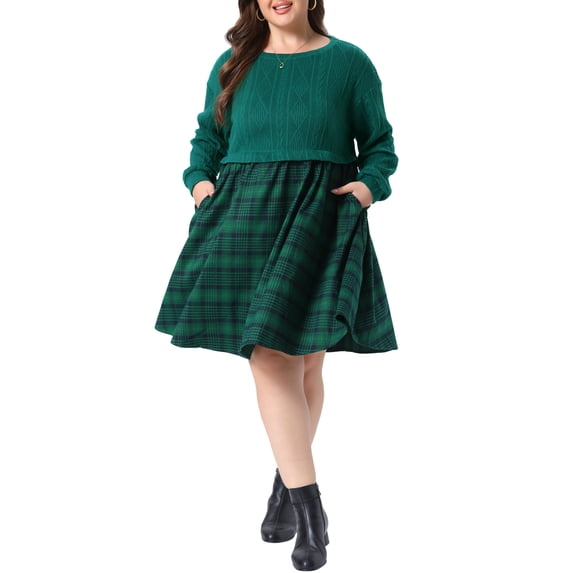 Agnes Orinda Women's Plus Size Halloween Outfits Cable Knit Plaid Babydoll Dress Crew Neck Puff Long Sleeve Patchwork 2 In 1 Contrast Christmas Casual Dresses with Pocket 1X Green