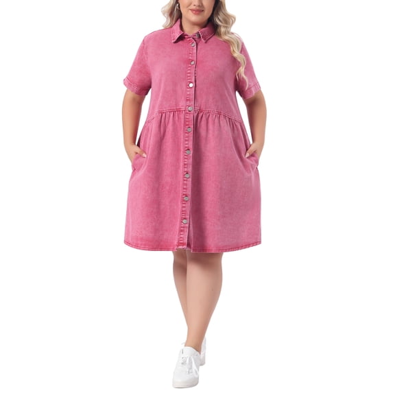 Agnes Orinda Women's Plus Size Halloween Outfits School College Babydoll Denim Dress Button Down Lapel Short Sleeves Casual Jean Shirt Dresses with Pockets 3X Red