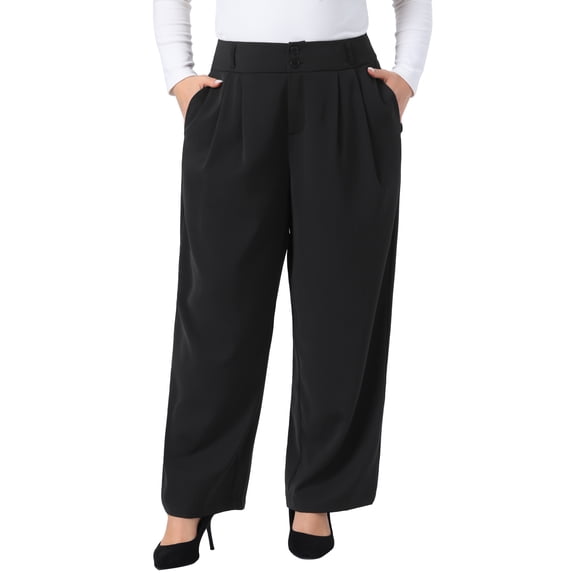 Agnes Orinda Women's Plus Size High Waist Double Button Suit Pants Elastic Pleated Front Wide Leg Straight Business Pant with Pockets 1X Black