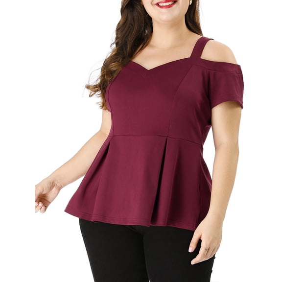 Agnes Orinda Women's Plus Size Valentines Day High Waist Sweetheart Cold Shoulder Peplum Blouse 4X Wine Red