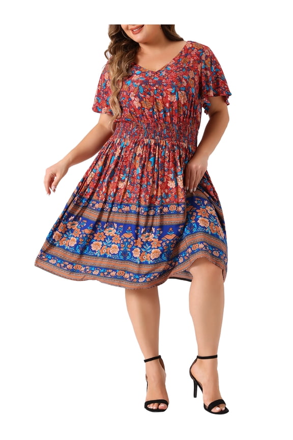 Women's Plus Size V Neck Flare Short Sleeves Floral Boho Midi Summer Dresses 1X Blue Red