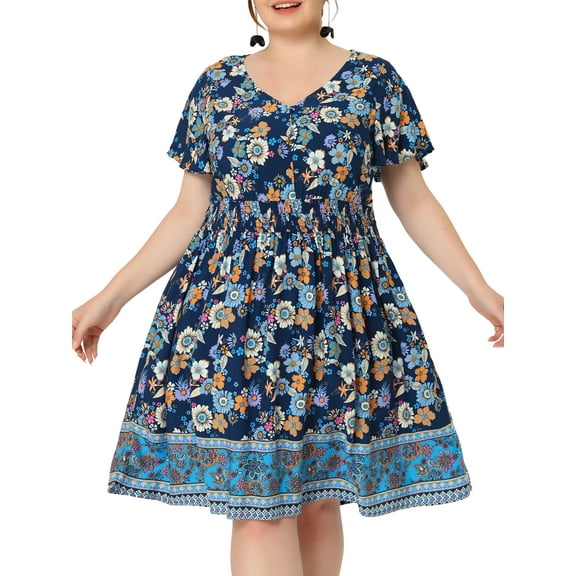GRACE & GRANDEUR Women's Plus Size V Neck Flare Short Sleeves Floral Boho Midi Summer Dresses 1X Dark Blue