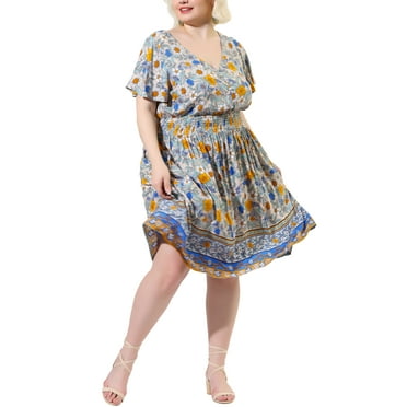GRACE & GRANDEUR Women's Plus Size Dress Flatter Short Sleeve Floral Boho Midi Summer Dress 2X Beige