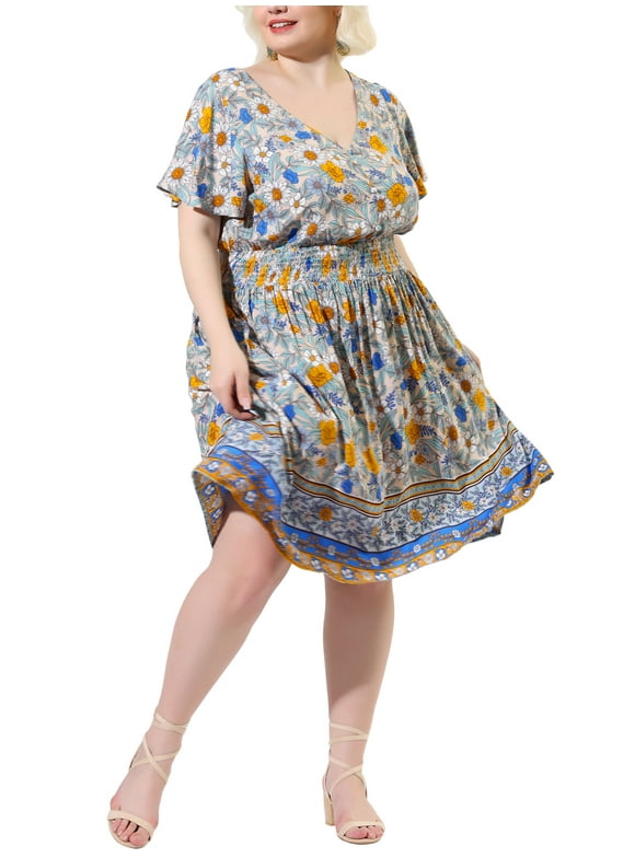 Women's Plus Size V Neck Flare Short Sleeves Floral Boho Midi Summer Dresses 2X Beige