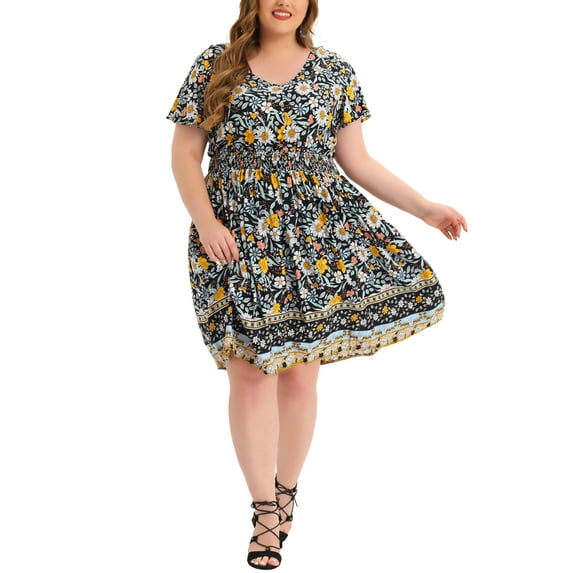 GRACE & GRANDEUR Women's Plus Size V Neck Flare Short Sleeves Floral Boho Midi Summer Dresses 3X Black