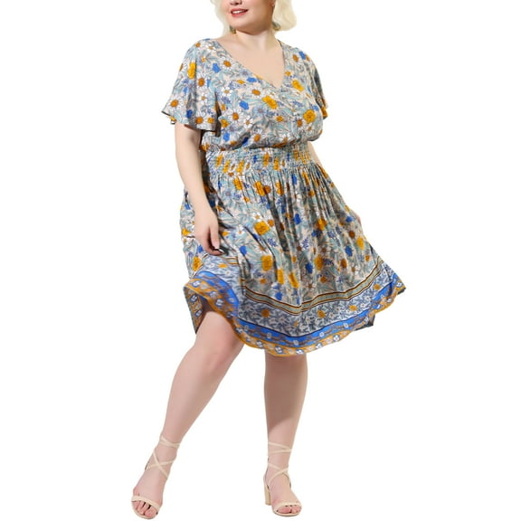 GRACE & GRANDEUR Women's Plus Size V Neck Flare Short Sleeves Floral Boho Midi Summer Dresses 4X Beige