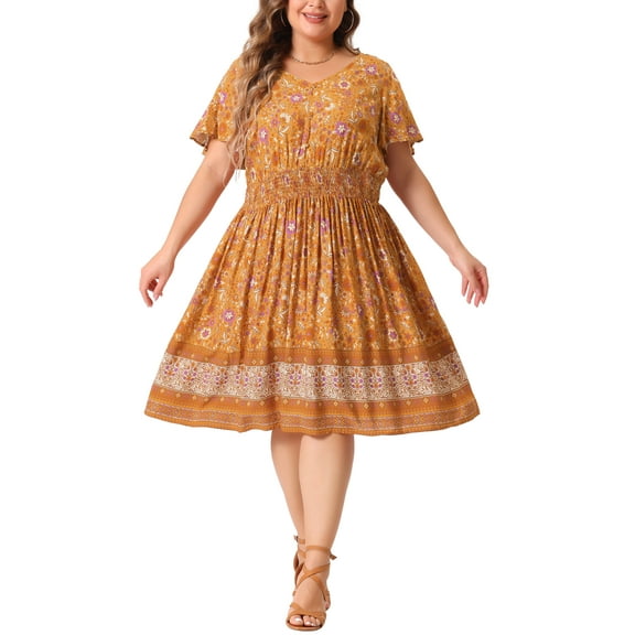GRACE & GRANDEUR Women's Plus Size V Neck Flare Short Sleeves Floral Boho Midi Summer Dresses 4X Orange