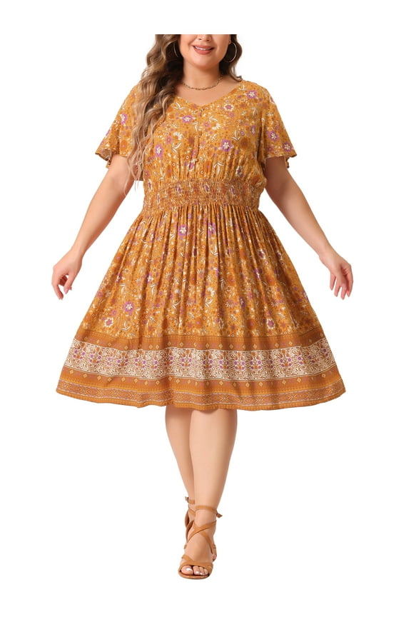 Women's Plus Size V Neck Flare Short Sleeves Floral Boho Midi Summer Dresses 4X Orange