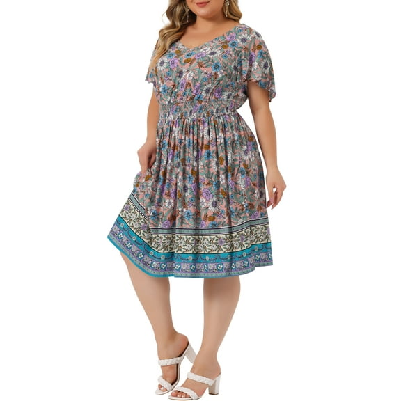 GRACE & GRANDEUR Women's Plus Size V Neck Flare Short Sleeves Floral Boho Midi Summer Dresses 4X Pink