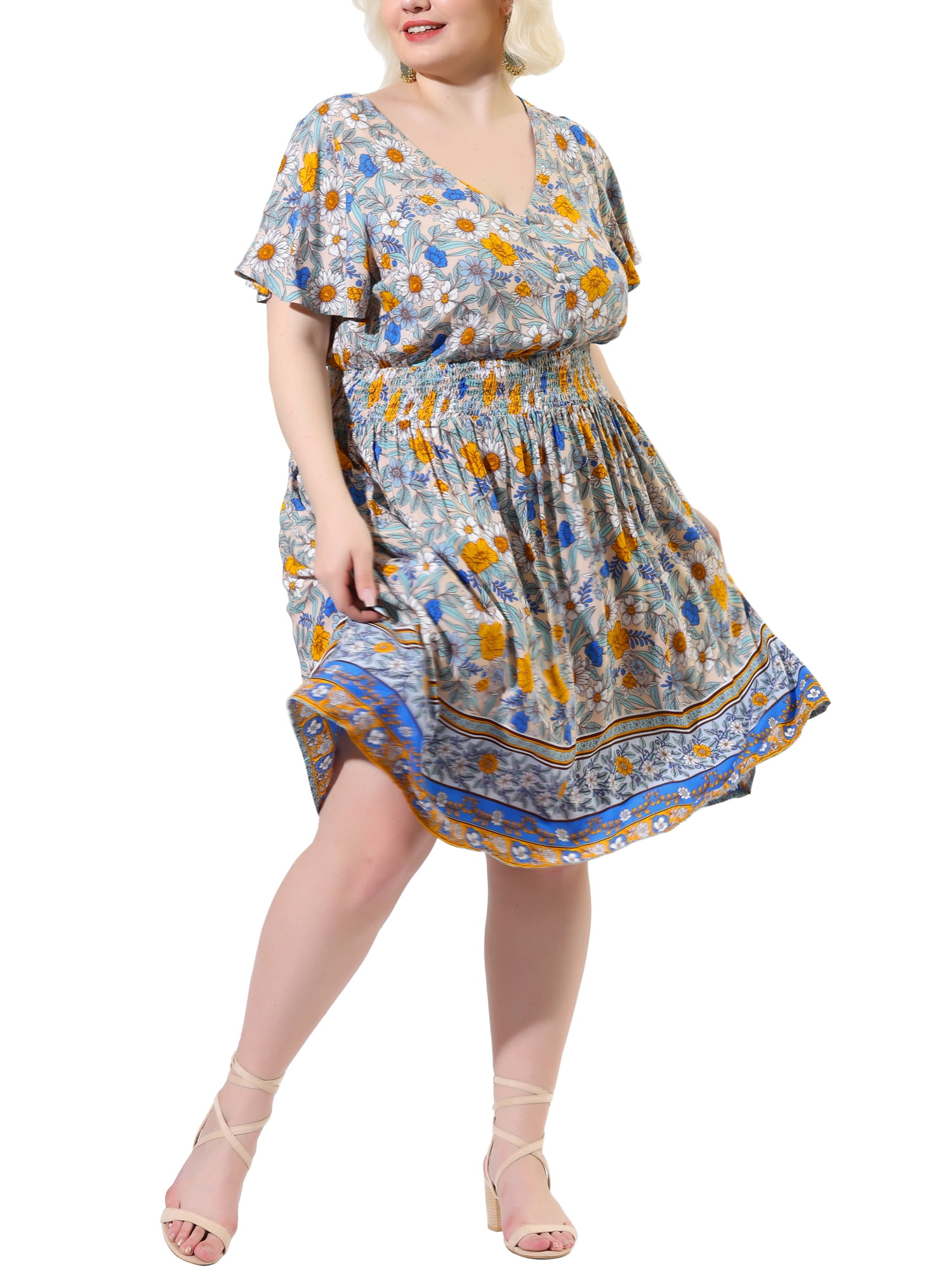 Agnes Orinda Women's Plus Size Holiday Floral Boho Classy Smocked Midi Dress 2X Beige