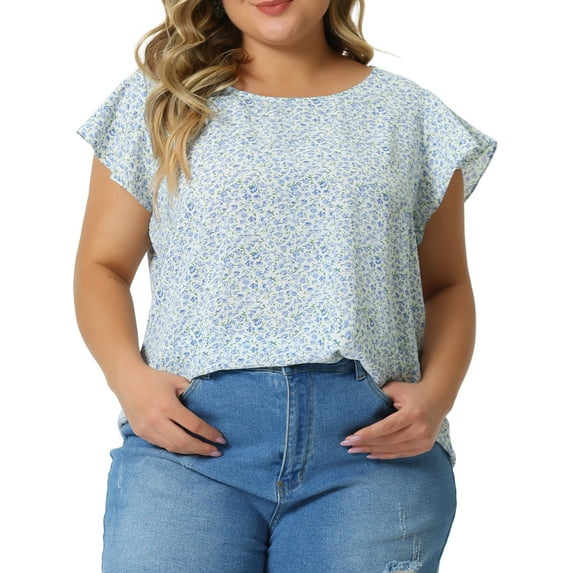 Agnes Orinda Women's Plus Size Easter Floral Tops Round Neck Flare Short Sleeve Casual Spring Summer Blouse 3X Blue Green