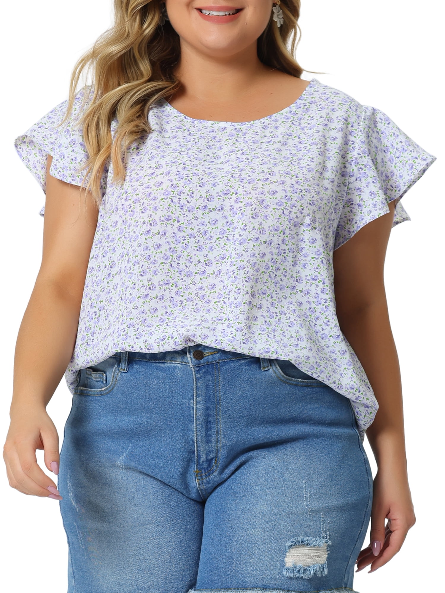 Agnes Orinda Women's Plus Size Floral Tops Round Neck Flare Short ...