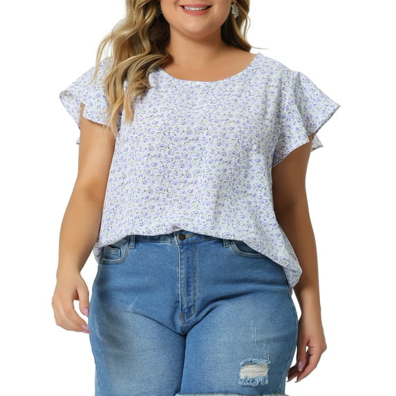 Agnes Orinda Women's Plus Size Easter Floral Tops Round Neck Flare Short Sleeve Casual Spring Summer Blouse 3X Purple