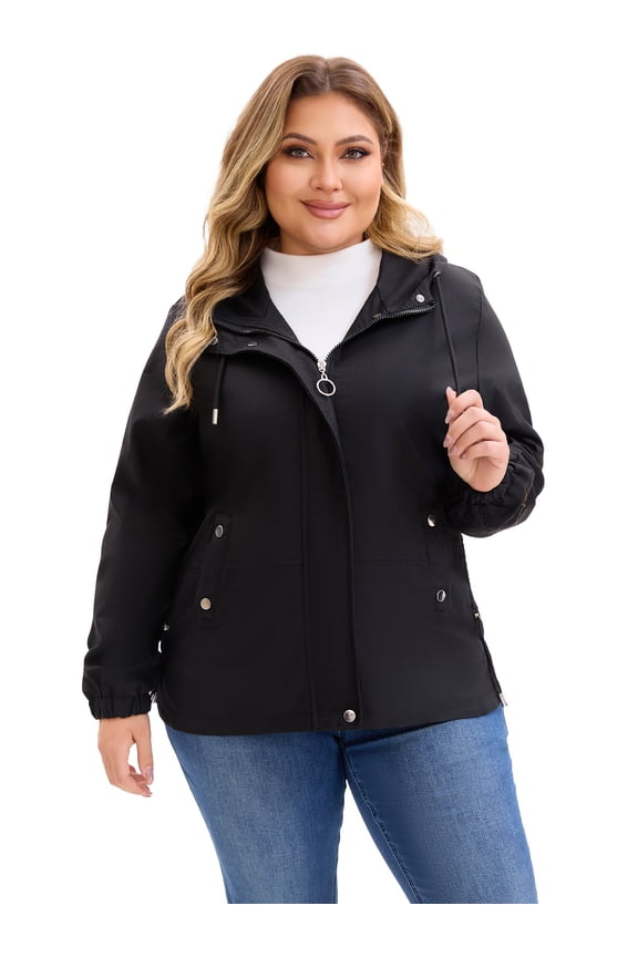 Women's Plus Size Hooded Trench Coats Windproof Zip Up Buttons Winter Jacket with Pockets 3X Black