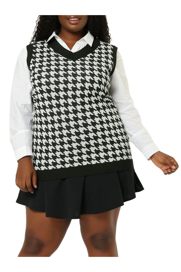 Women's Plus Size Houndstooth V Neck Vest Sweaters 3X Black White
