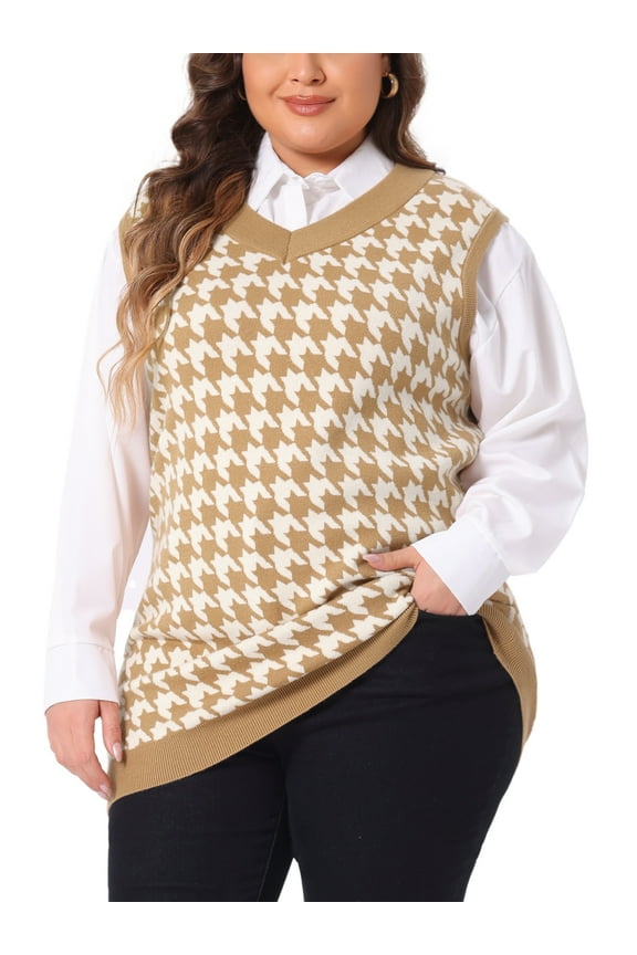 Women's Plus Size Houndstooth V Neck Vest Sweaters 3X Brown