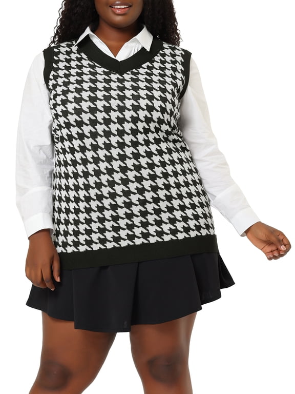 Women's Plus Size Halloween Outfits Houndstooth V Neck Vest Sweaters 4X Black White