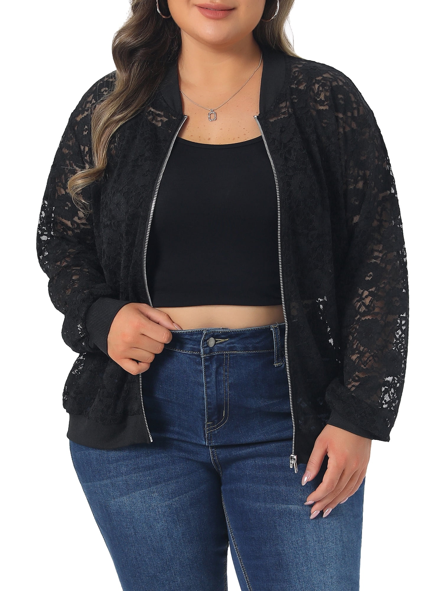 Agnes Orinda Women's Plus Size Jacke Floral Lace Sheer Long Sleeve Zip ...