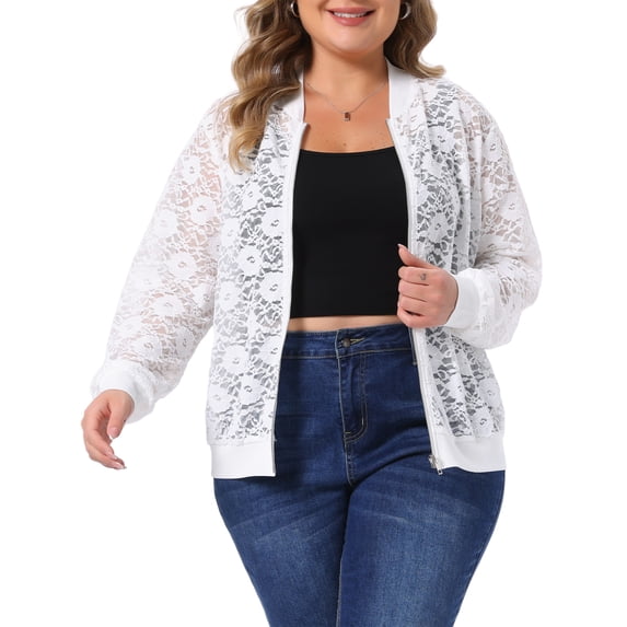 Agnes Orinda Women's Plus Size Jacke Floral Lace Sheer Long Sleeve Zip Up Lightweight Baseball Jackets 4X White