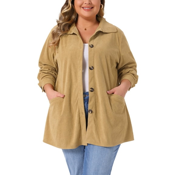 Plus Size Corduroy Shirt for Women Long Sleeve Button Down Blouses Tops Loose Shacket Jacket with Pockets 1X Khaki