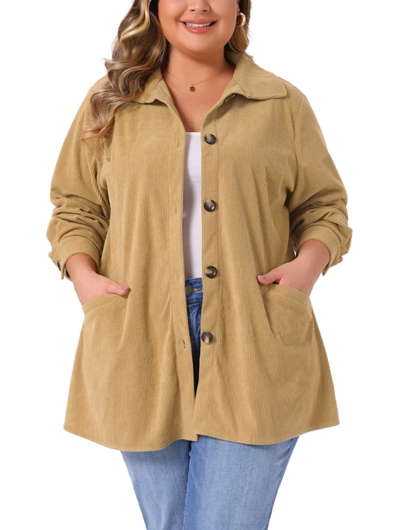 Women's Plus Size Corduroy Shirt Long Sleeve Button Down Blouses Tops Loose Shacket Jacket with Pockets 4X Khaki